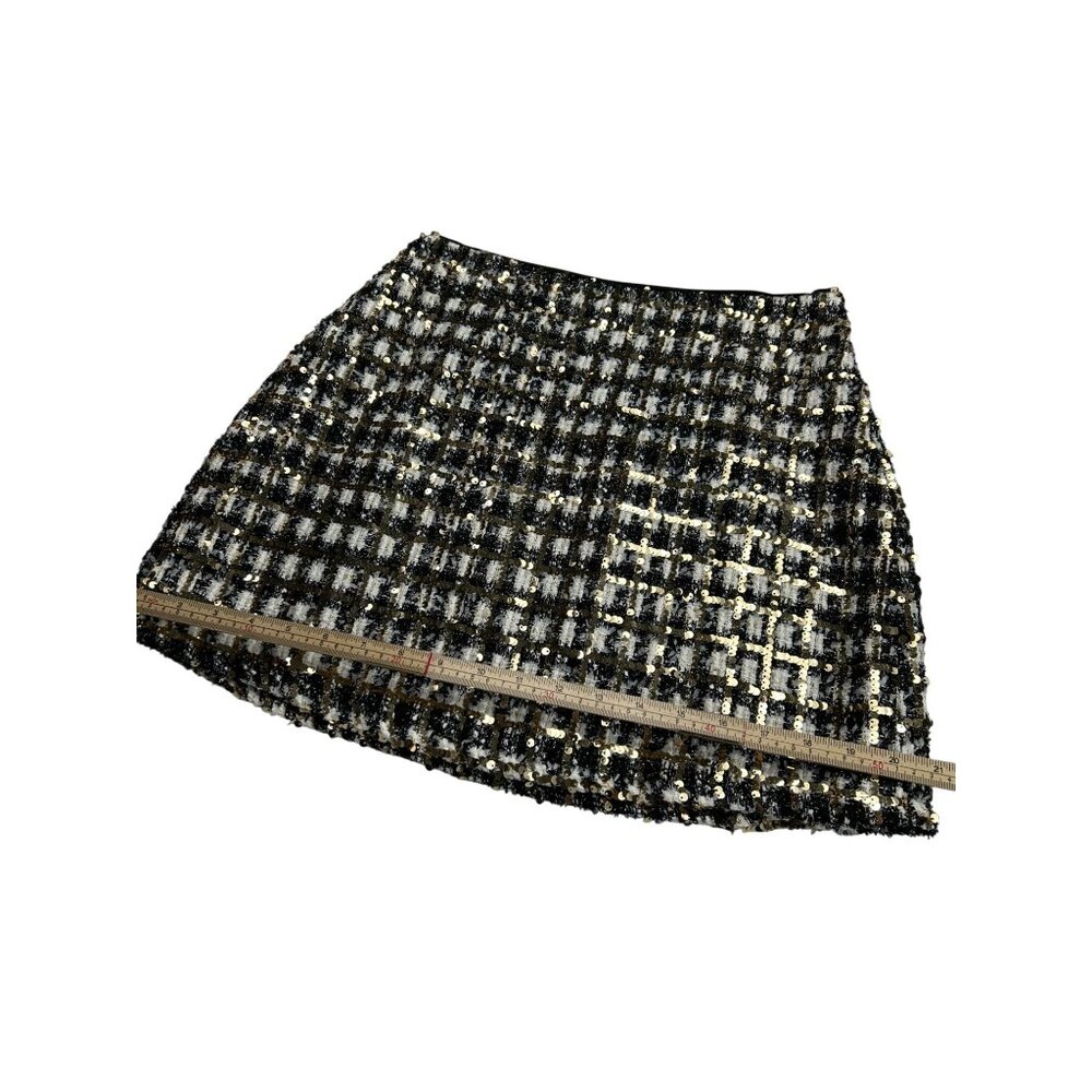 Lulus Black & Gold Sequin Plaid Mini Skirt M Side Zip Polyester Rayon - Picture 7 of 10